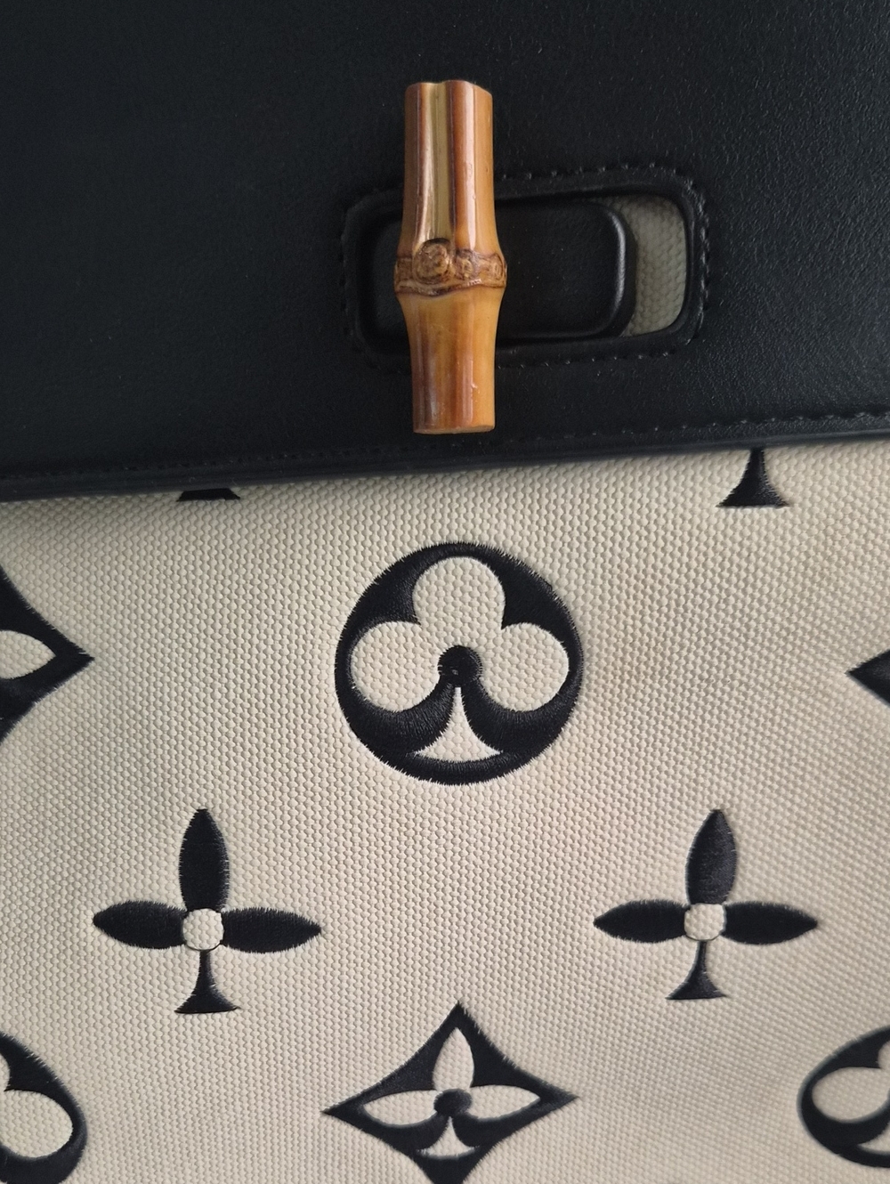 Black and Cream Logo-Pattern Women's Tote with Bamboo Accent